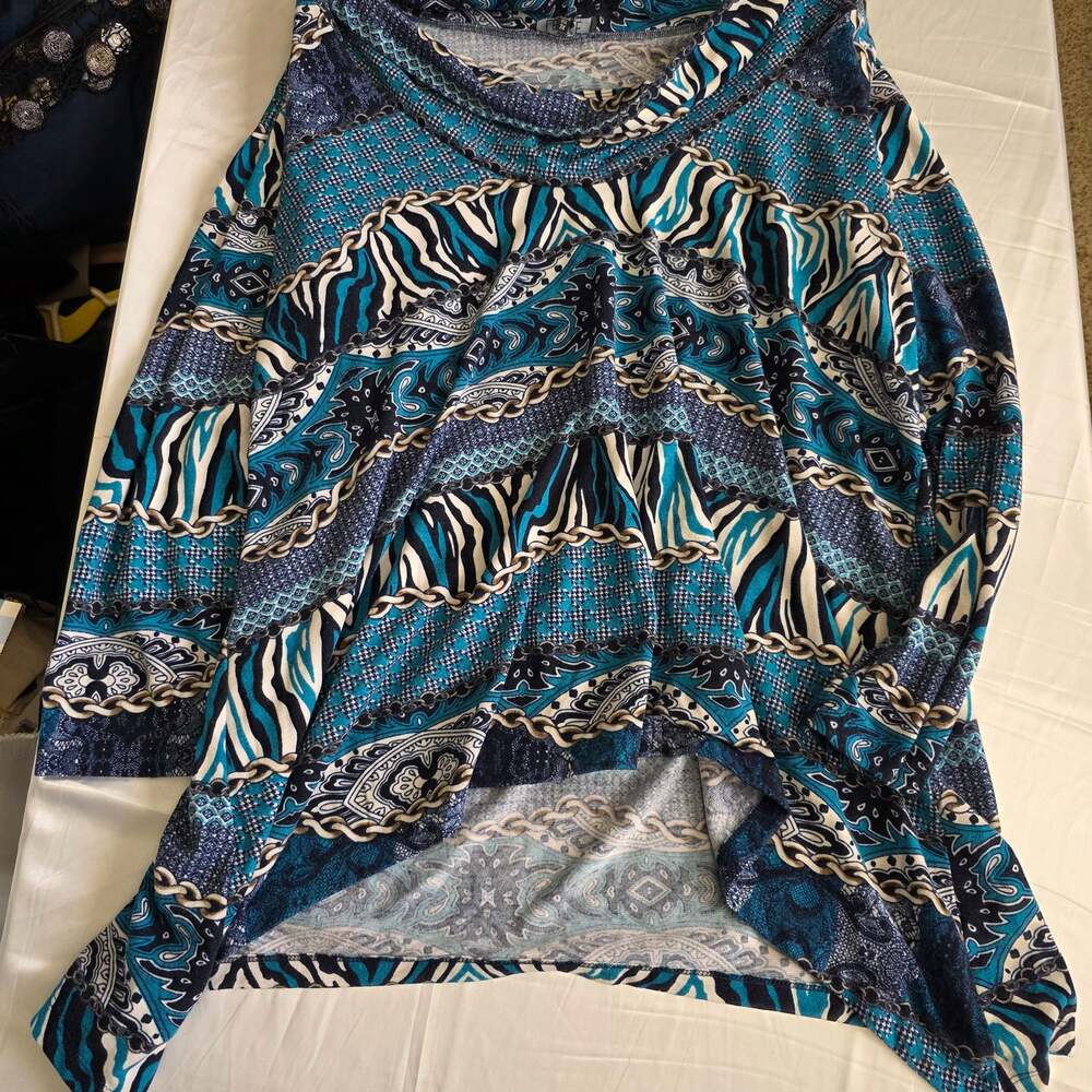 LBisse Blue Teal Black Print Long Sleeve Tunic Top 3X
